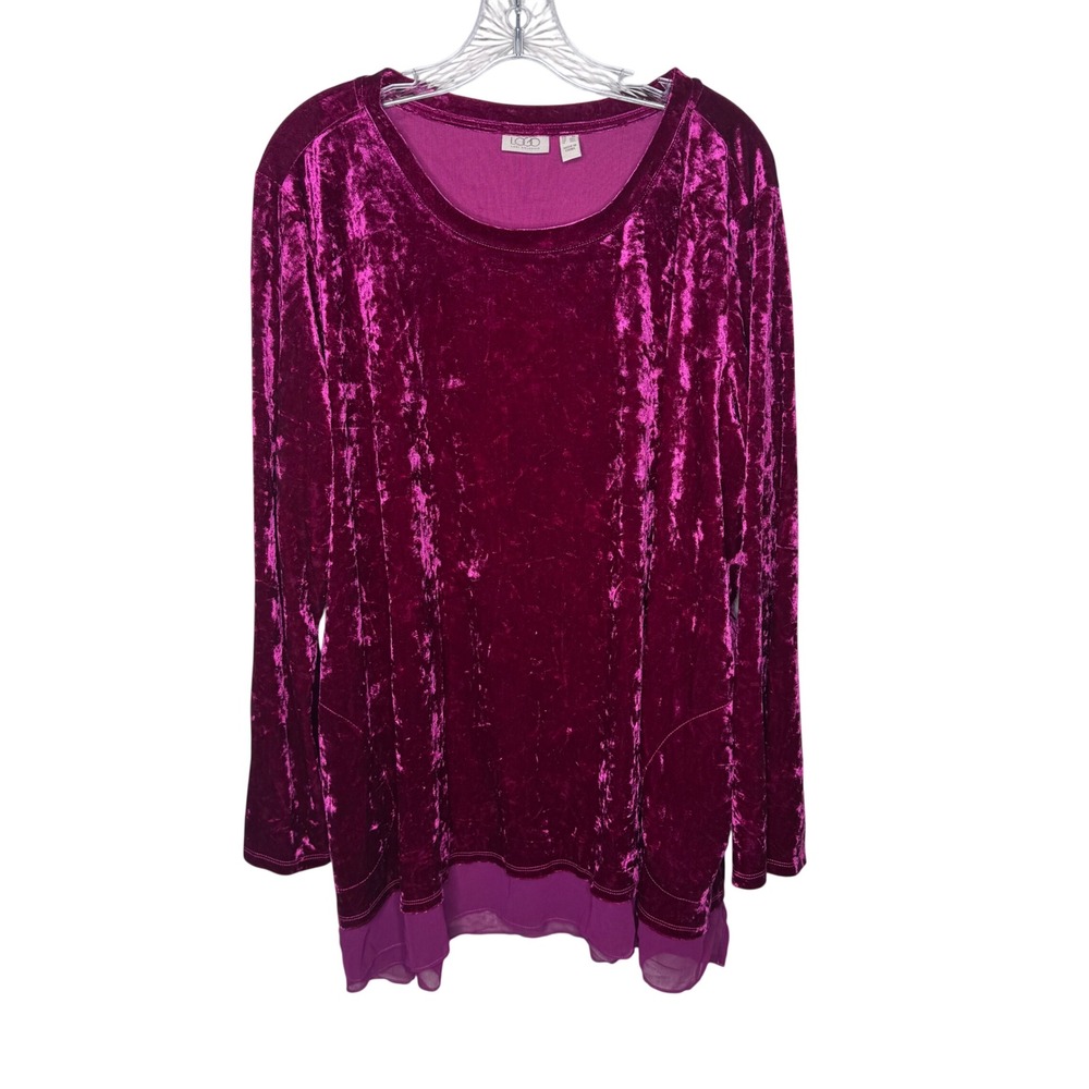 LOGO Lori Goldstein Magenta Crushed Velvet Tunic Top Pockets Women 3X Purple